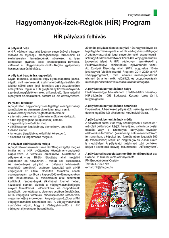 Hagyományok-Ízek-Régiók (HÍR) Program; oldal