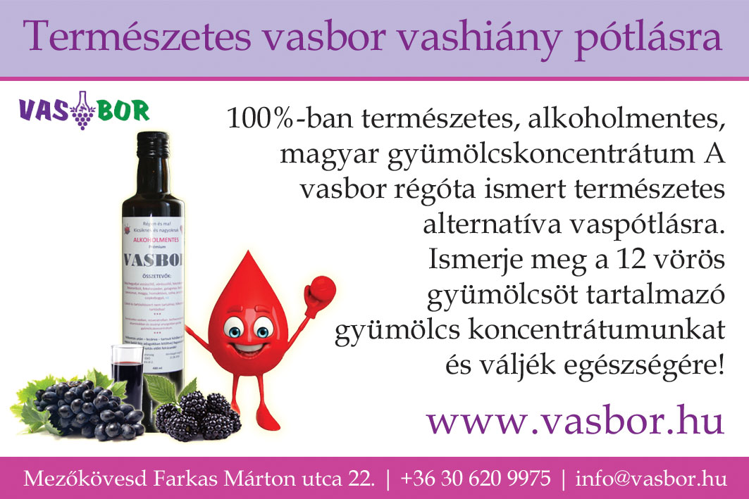 Természetes vasbor vashiány pótlásra 100%-ban természetes, alkoholmentes, magyar gyümölcskoncentrátum 
				A vasbor régóta ismert természetes alternatíva vaspótlásra.